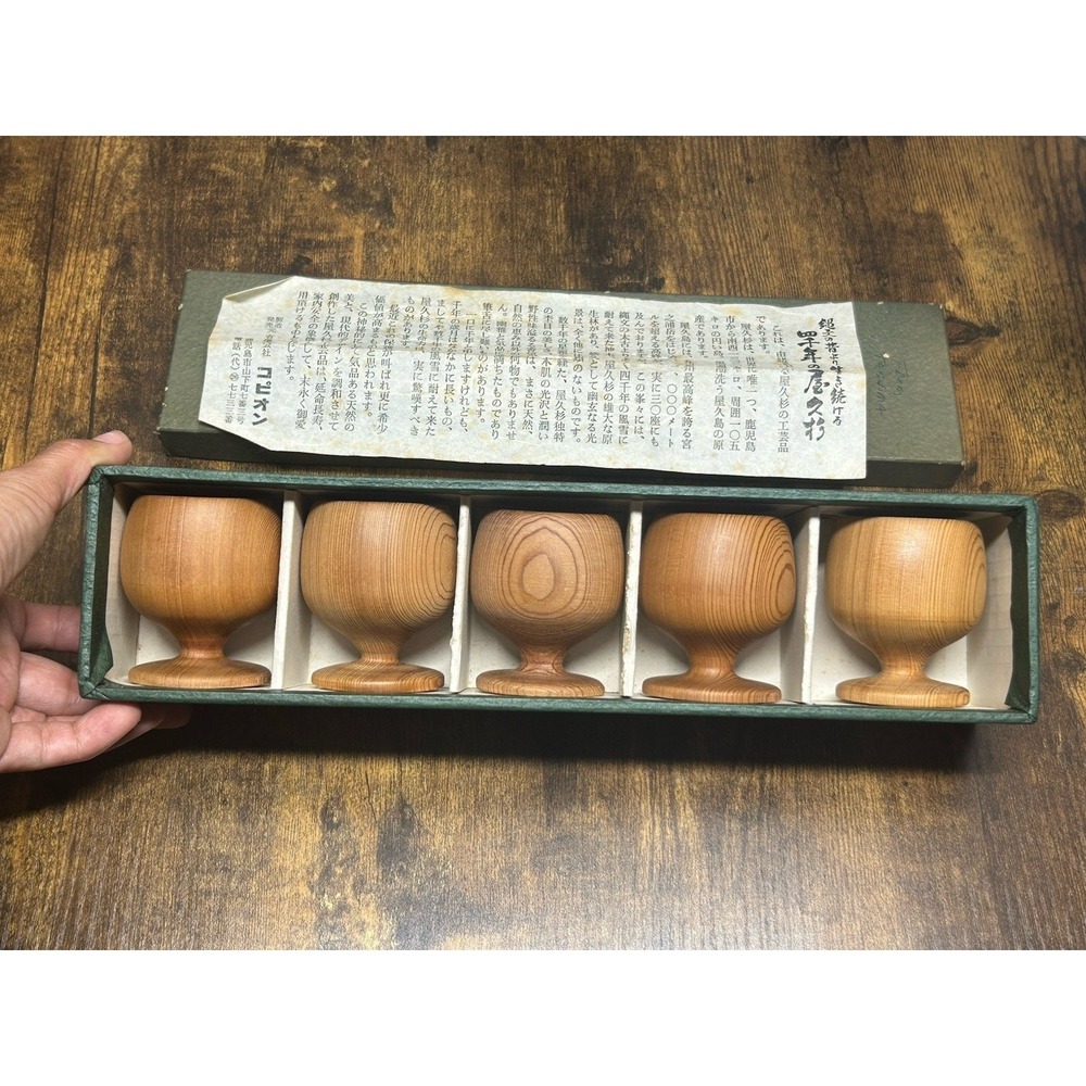 Vtg Japanese Yakusugi Cedar Sake Cups Set (5) Handcrafted Wood Japan Ochoko